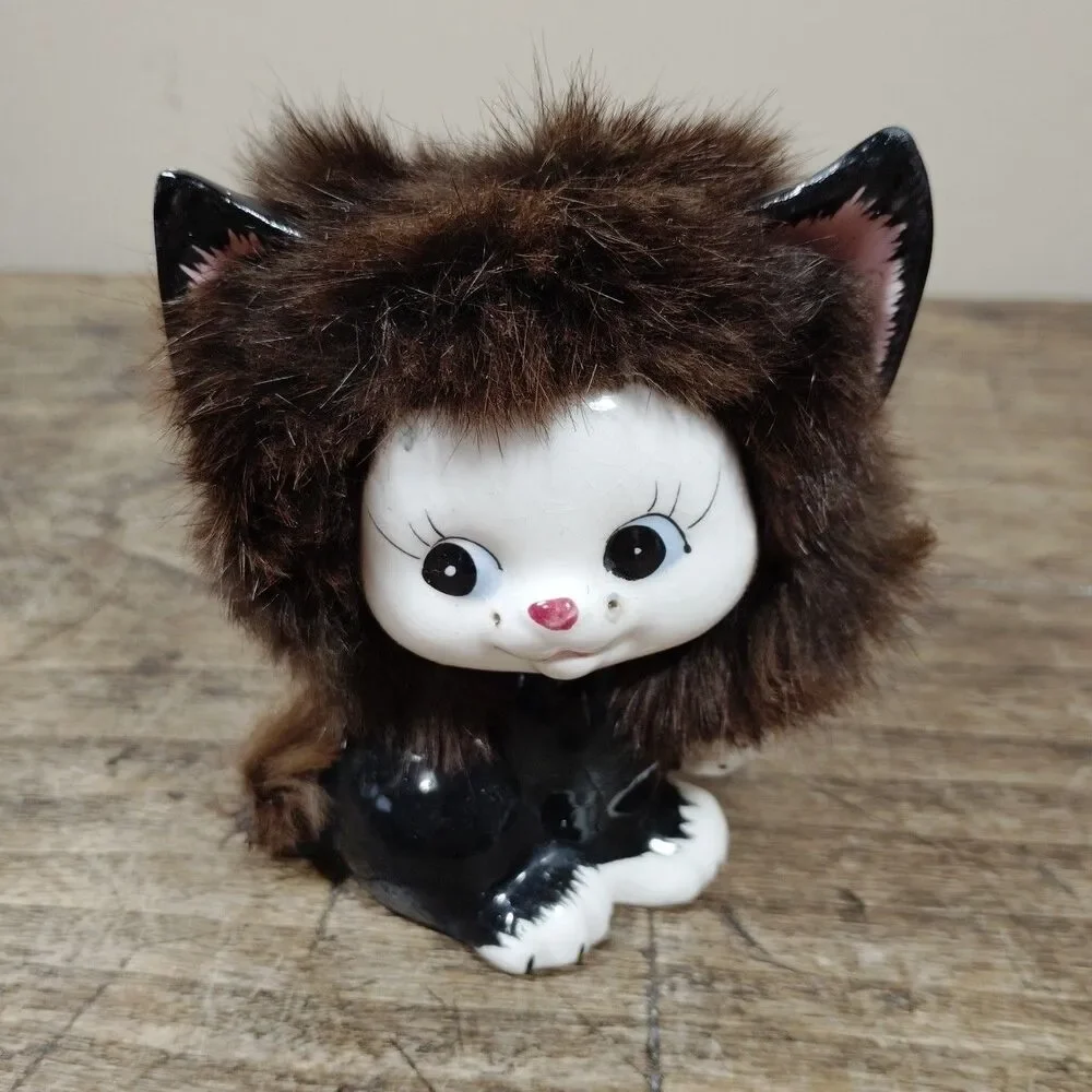 Vintage 50s Sweet Anthropomorphic Black Fuzzy Fur Cat Figurine Kitsch Japan